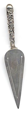 This bookmark, shaped like a trowel, is unmarked but tested to be 800 silver. It is English and was made circa 1900.