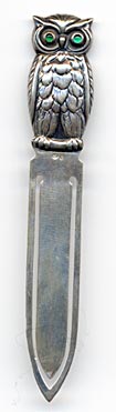 This bookmark is Swedish from the turn of the 20th century. It has two hallmarks; one is the Swedish inport mark and the other is the letter S. The top is an owl with two green glass eyes.