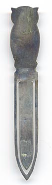 This bookmark is Swedish from the turn of the 20th century. It has two hallmarks; one is the Swedish inport mark and the other is the letter S. The top is an owl with two green glass eyes.