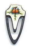 This bookmark is made in the US by F.A. Hermann Co. It  is marked with the manufacturers hallmark and is also marked Sterling. The front is enamel with a picture of fruit and flowers. 