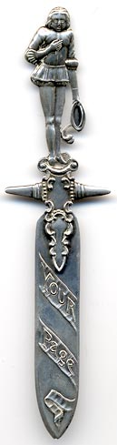 This bookmark is American made by J.H. Johnston & Co and is marked J. H. Johnston & Co Sterling  PAT APD FOR (patent applied for). It is in the shape of a Page from King Arthur's court times. It is very detailed on the front and the back. The blade is inscribed "Your Page". This mark was manufactured between 1882 - 1904. <br /><br />To see a copy of a newspaper ad, click <a href="Bookmark.aspx?BookmarkID=1067">here.</a><br /><br />To see a copy of the patent, click <a href="Bookmark.aspx?BookmarkID=1130">here.</a>