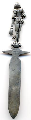 This bookmark is American made by J.H. Johnston & Co and is marked J. H. Johnston & Co Sterling  PAT APD FOR (patent applied for). It is in the shape of a Page from King Arthur''s court times. It is very detailed on the front and the back. The blade is inscribed 'Your Page'". This mark was manufactured between 1882 - 1904.  "