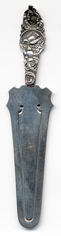 This bookmark is American made by Wendell Manufacturing Company. It is marked with the manufacturers hallmark, Sterling and the number 605. The top portion of the bookmark is probably one of their flatware patterns. The date is 1885 - 1900.