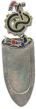 This bookmark is made in Mexico. It has an enamel design on top of what I don't know. It is marked 925 GA10 Mexico on the back. It has other letters marked on the back but I cannot make all of them out. It is probably the manufacturers mark. I cannot determine it's age.