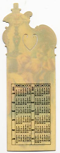 This bookmark was made in the US by Whitehead & Hoag of Newark, NJ. It is an advertising bookmark for Welsbach lights. It says "You'll find the Pages soft and bright 'Neath the brilliant Welsbach light." On the back is a calendar for 1901.