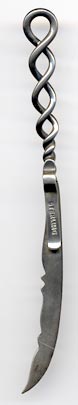 This bookmark was made in the US by an unknown manufacturer. It is only marked sterling on the back blade. It is in the shape of a knife or sword with a twisted wire top. The date is 1900 - 1910. 