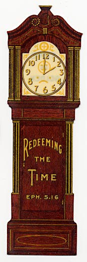 This bookmark was made in the US by Bastian Bros. Co. of Rochester, NY. It is made of celluloid and is in the shape of a grandfather clock with the bottom half of the clock cut out to clip over the page. The back says, "Time is golden; waste not a single moment. Each clock tick brings thee to the threshold of some new opportunity." The date is 1900 - 1915.