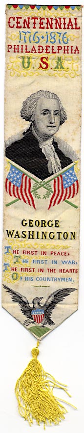This bookmark was made in Coventry, England by Thomas Stevens in 1876 and is known as a Stevengraph. It was made for the Centenial celebration for the US. It is made of woven silk on a Jacquard loom and has a picture of George Washington. It says, "The first in peace, the first in war, the first in the hearts of his countrymen." The back is marked T Stevens Coventry England. 