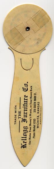 This bookmark was made in the US by The American Art Works of Coshocton, Ohio. It is a celluloid advertising bookmark for the Kellogg Furniture Co. It is a calendar for the years 1910 - 1915 with a rotating dial in the back. The instructions read "Turn wheel until month appears in column with present year. Top will show days of the week. Use 1912 printed in red for JAN. and FEB (Leap Year)." It also has the birth stones for each month.  