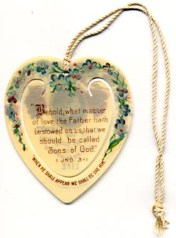 This bookmark was made in the US for the Brooklyn, NY Tabernacle. This is a very RARE bookmark that was handed out by C. T. Russell at the 1913 Conventions of the International Bible Students. It is a religious celluloid bookmark with a picture of a man's head in an oval frame hanging from a grape vine. Underneath it says "Keep thy HEART with all dilligence for out of it are the issues of LIFE." This quote is from Proverbs 4:23. The back is a quote from I JNO 3:1 which says "Behold, what manner of love the Father hath bestowed on us that we should be called Sons of God." Also is says "When He shall appear we shall be like Him."  