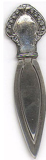 This bookmark is American made by the Webster Company. It is marked with the makers hallmark and Sterling. This bookmark is from 1913. It was part of a novelty set of 6 pieces and was originally sold as a letter opener.