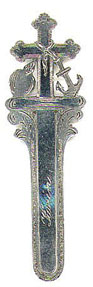 This bookmark is Swedish marked with the Swedish three crowns. It is also marked BH and A7 which determines the date. It has the symbols of Faith, Hope and Charity. The date of manufacture is 1903.