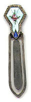 This bookmark is American made and is only marked H-RCO Sterling. It has an enamel picture of a rose at the top. Date is probably early 1930's.