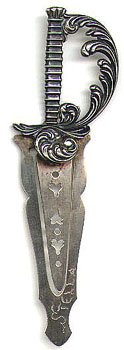 This bookmark is American made by Theodore Foster & Brothers Co. It is marked F&B 925/1000 and the number 11 (probably a catalog number) and is in the shape of a sword. It was manufactured circa 1900.