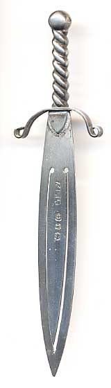 This bookmark was made in England by Adie and Lovekin. It is a figural sword or knife and has hallmarks for Birmingham. The date is 1891.