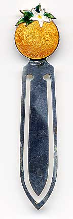 This bookmark was made in the US by F.A. Hermann Co. It is hallmarked sterling on the back. The top is an enamel orange with green leaves and a white orange blossom flower. The date is 1900 - 1910.