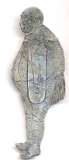 This bookmark was made in England. It has London hallmarks and is also marked "Made in England". Dead giveaway there. This is a figural of Mr. Pickwick from the Charles Dickens classic. The back is inscribed "Chops and Tomato Sauce".  The date is 1911.