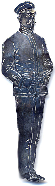 This bookmark was made in the US by Whiting Mfg. Co. It is marked Sterling 5 6 65 Pat Apl'd For. It is in the shape of a man in a uniform, possibly from WWI.