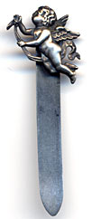 This bookmark has a cherub or angel with wings spread as the top blade. It is marked sterling on the back. The manufacturer is unknown.