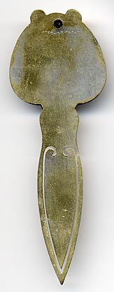 This bookmark was made in the US by an unknown manufacturer. It is marked Sterling Front meaning that only the top part is silver. It depicts an art nouveau lady blowing wind with a flower in her hair. The blade is inscribed "Jennie Apr 3 '07"