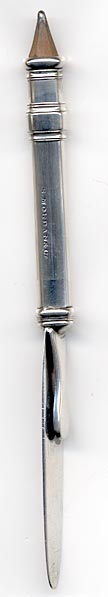 This bookmark was made in England by S. Mordan & Co. and is marked as such. It is a mult-ipurpose piece that can be used as a letter opener, bookmark and also has a pencil on top which can be pushed down and hidden.