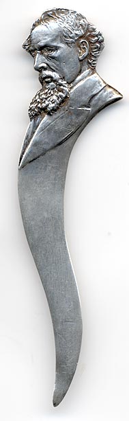 This is more of a letter opener than a bookmark but can be used as both. It was made in the US by an unknown manufacturer and is marked only sterling. The top is a highly detailed bust of Charles Dickens.