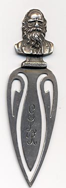 This bookmark was made in the US by Rogers, Lunt and Bowlen. It is marked with the manufacturers hallmark and  sterling and the number 168. The top is a figural bust of William Bryant (1794 - 1878), the poet and journalist.