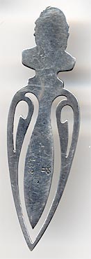 This bookmark was made in the US by Rogers, Lunt and Bowlen. It is marked with the manufacturers hallmark and  sterling and the number 168. The top is a figural bust of William Bryant (1794 - 1878), the poet and journalist.