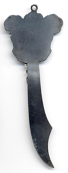 This bookmark was made in the US by an unknown manufacturer. It is marked sterling 925/1000 on the back. The top design has three flowers on top, two lily of the valley flowers on the sides and the small top blade is a picture of a girls head with large looping pigtails.