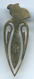 This bookmark was made in the US by Rogers, Lunt and Bowlen. It is marked with the manufacturers hallmark and sterling and the number 168. The top is a figural rabbit.