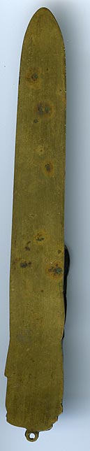 This bookmark was made in Japan. It is brass and has a high relief pictures of birds and flowers. The date is 1900 - 1910.