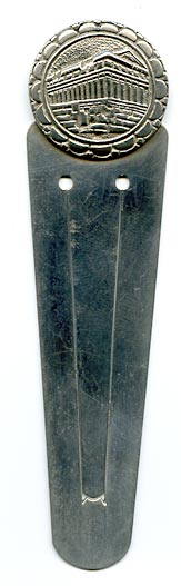 This bookmark is  completely unmarked and was probably made in Europe, possibly Greece. The top has a medallion of the Acropolis in Greece. 