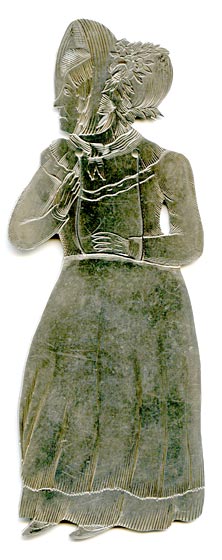 his bookmark was made in the US by J.F. Fradley. It is marked on the back with sterling, the manufacturers hallmark of a cross, the numbers 1863 and 4, and Mrs. Bardell. This is a figure of the Dickens character Mrs. Bardell from the book 'The Pickwick Papers.'" The date is 1890 - 1936. "
