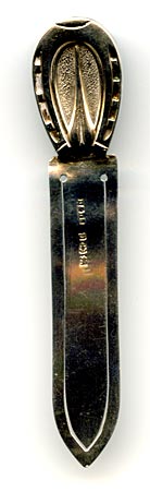 This bookmark was made in England. The date is 1887  and the manufacturer is David and Lionel Spiers from the mark. The top is in the shape of a horseshoe.