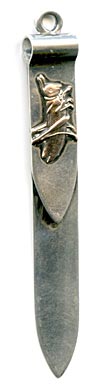 This bookmark was made in the US by an unknown manufacturer. It is marked sterling on the back. The top has grasshopper in a different metal, possibly gold.