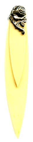 This bookmark was made in either Denmark or Norway. It  has a sterling rose on top of two celluloid blades and is marked 830s.
