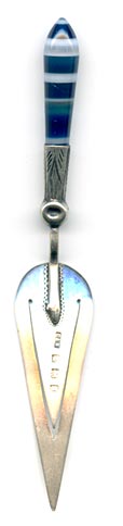 This bookmark was made in Birmingham England by Chrisford and Norris. It has a blue and white banded agate handle and is in the shape of a trowel.