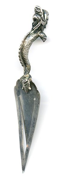 This bookmark was made in China and is hallmarked with Chinese symbols. It is in the shape of a trowel with a dragon as the handle.