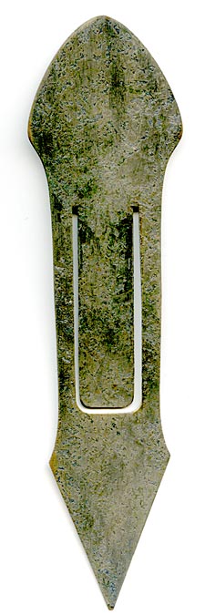 This bookmark was made in the US by the Heintz Art Metal Shop. It is unmarked. The top is a pair of sterling birds on a branch. The bookmark is bronze with a florentine silver finish. The date is 1910 - 1920.