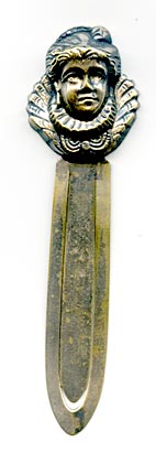 This bookmark was made in the US by an unknown manufacturer. It is silver plate on brass and the top is the head of an English aristocrat woman with a large collar.