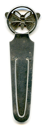 This bookmark was made in Birmingham England by Adie and Lovekin. It has the date mark of g for 1906. The top is a beautiful enamel butterfly.