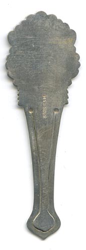 This bookmark was made in Denmark by Eiler & Marløe of Copenhagen. The back is hallmarked 830s and E & M. The top is a detailed bust of Hans Christian Andersen surrounded by a shield of deep blue enamel.