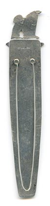 This bookmark was made in the US by an unknown manufacturer. It is marked sterling on the back. The top is an Egyptian themed scene of a man playing a harp. 