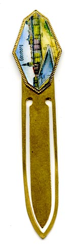 This Swedish enamel & brass bookmark has the appearance of being handpainted. It Shows architecture in Goteborg. It also has the word Import stamped on the back.