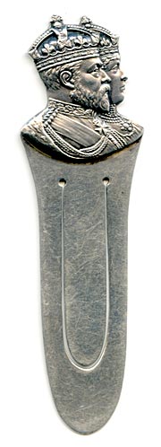 This bookmark depicts the busts of King Edward VII and his wife in 1901 for his coronation. It is hallmarked for Birmingham England, 1901.