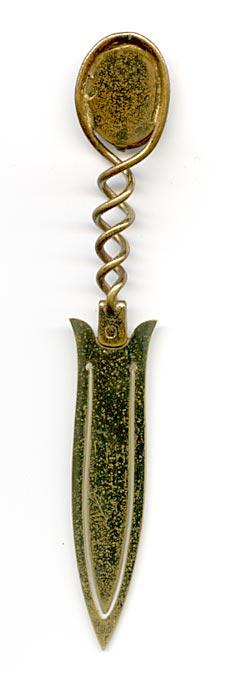 his bookmark was made in France. It is unmarked gilded brass and has a cameo on top. The date is 1890 - 1910.