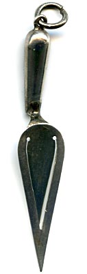 This bookmark was made (most probably in England). It is marked WH.I and Sterling Silver. It is in the shape of a trowel with blue agate pieces in the handle.