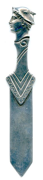 This bookmark was made in the US by Gorham Mfg. Company. It is marked with the manufacturers mark, sterling and 51, the number from the Autumn 1888 catalogue. The top blade is the head of the Roman god Mercury. 