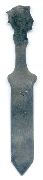 This bookmark was made in the US by Gorham Mfg. Company. It is marked with the manufacturers mark, sterling and 51, the number from the Autumn 1888 catalogue. The top blade is the head of the Roman god Mercury. 