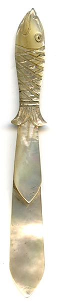 his bookmark was made in France. It is made of mother-of-pearl and has a hand carved figural fish at the top. The date is 1880 - 1900.